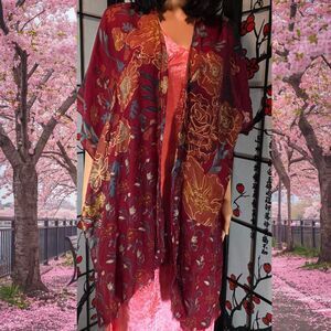Vintage Red Kimono with Gold Accents — One Size (Woven Heart)